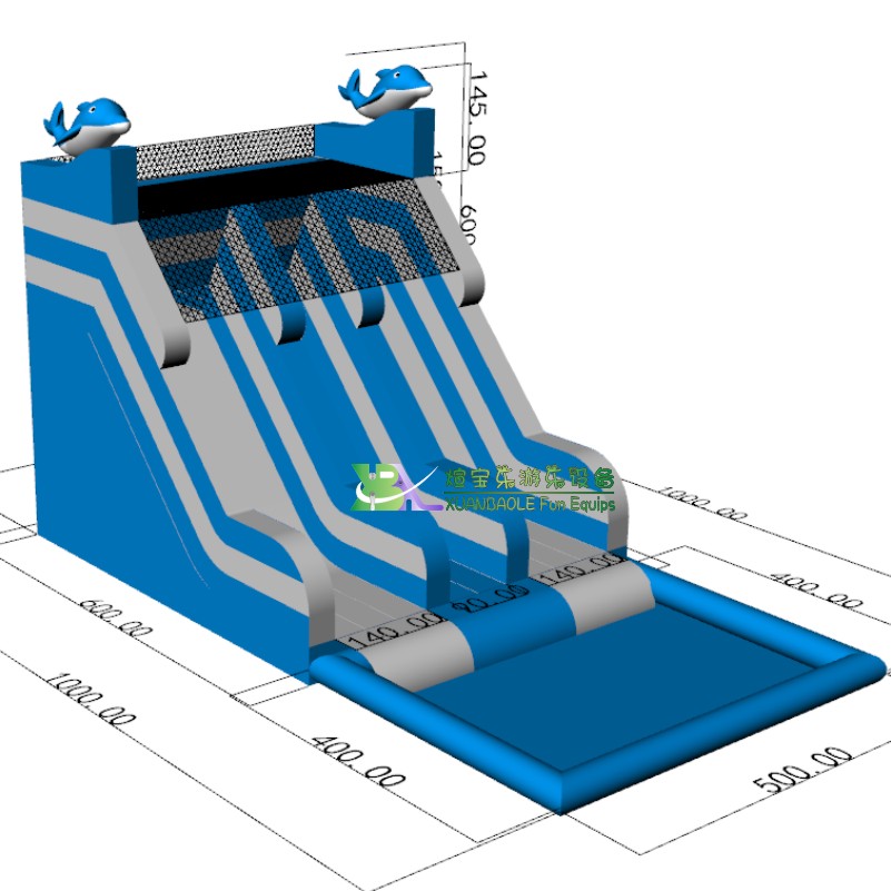 Dolphin Blue <000000> White Double Lane Inflatable Water Slide with big pool 13