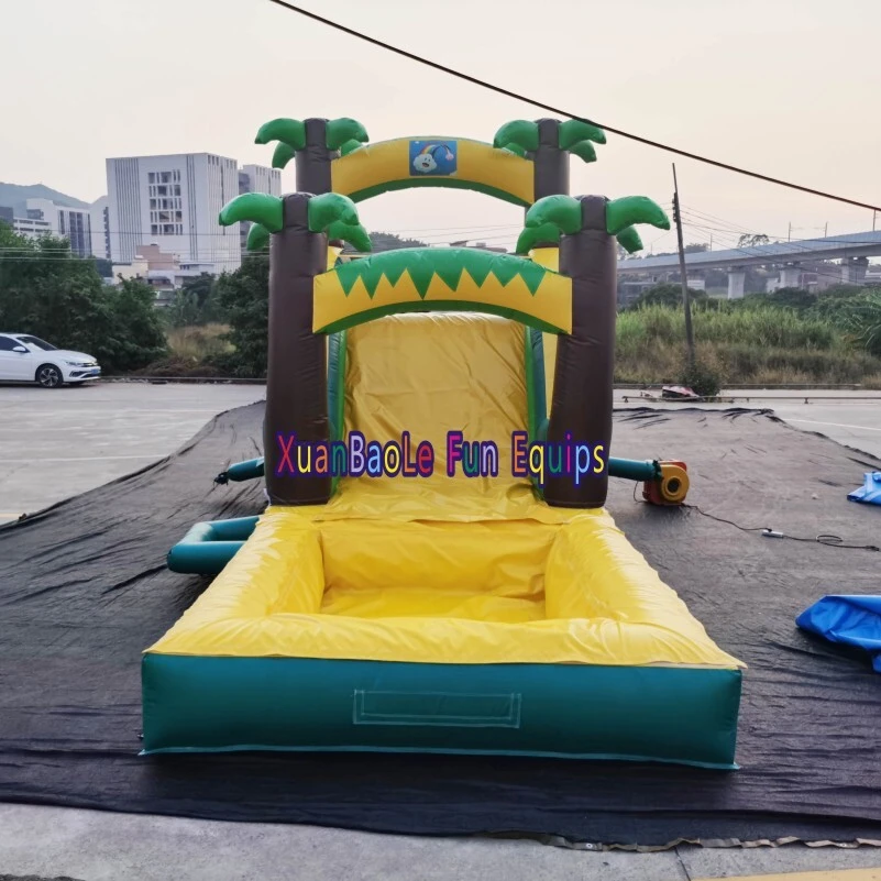 Green and Yellow Single - Track Tropical Jungle Inflatable Slide with pool for Backyard 1