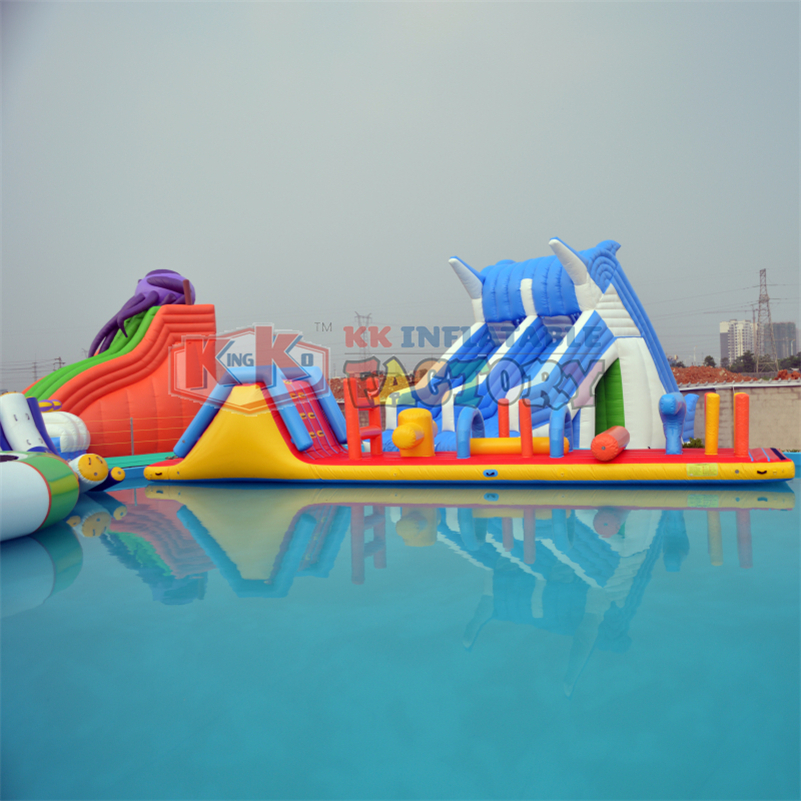 Blue white Dolphin inflatable water slide with pool joy inflatable water park 8