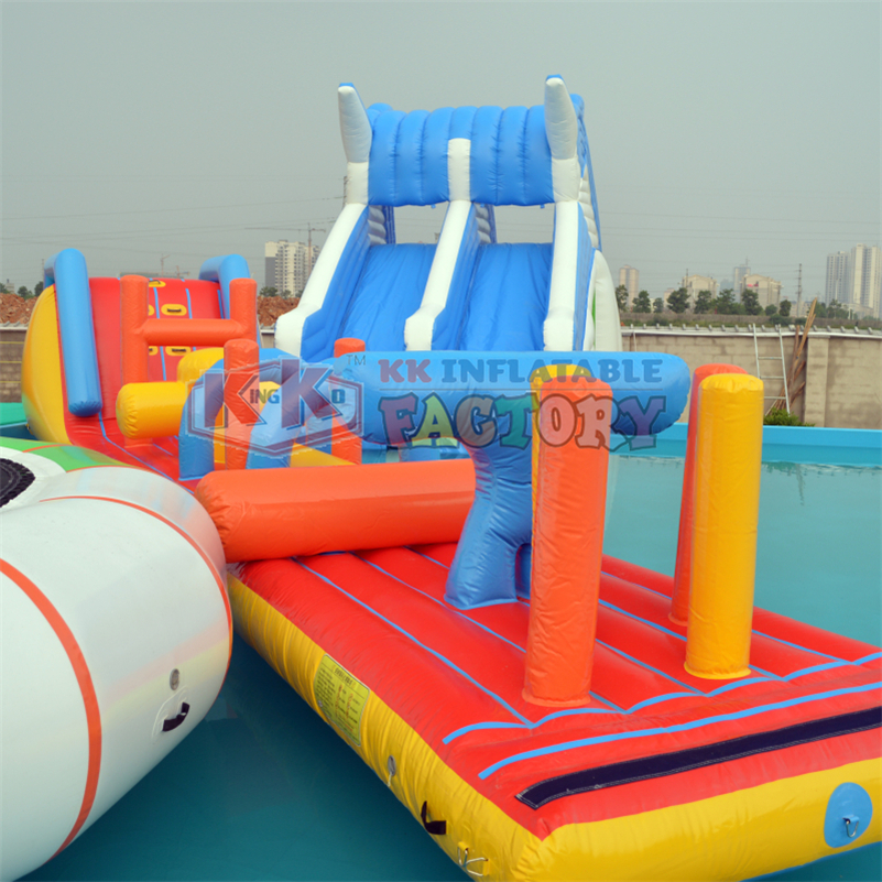 Blue white Dolphin inflatable water slide with pool joy inflatable water park 7