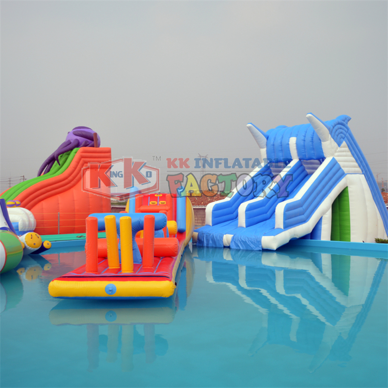 Blue white Dolphin inflatable water slide with pool joy inflatable water park 6