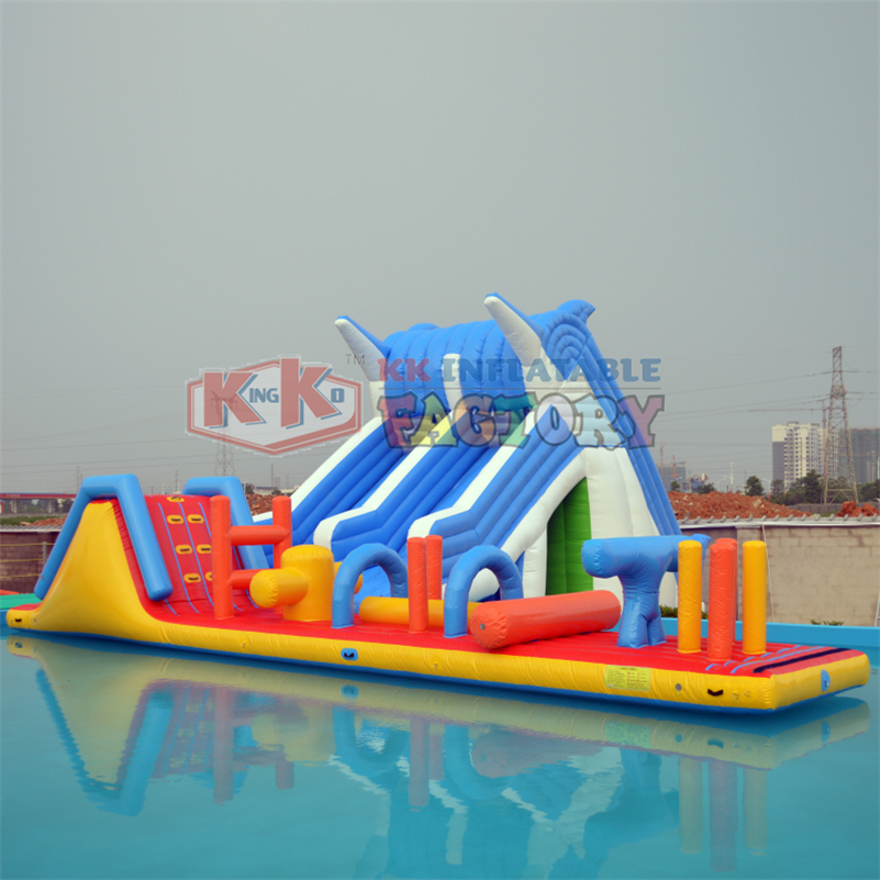 Blue white Dolphin inflatable water slide with pool joy inflatable water park 5