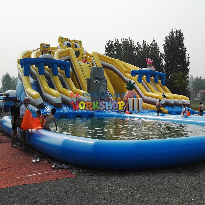 Outdoor moving giant SpongeBob inflatable land aqua park with dual pool land inflatable aqua park 7