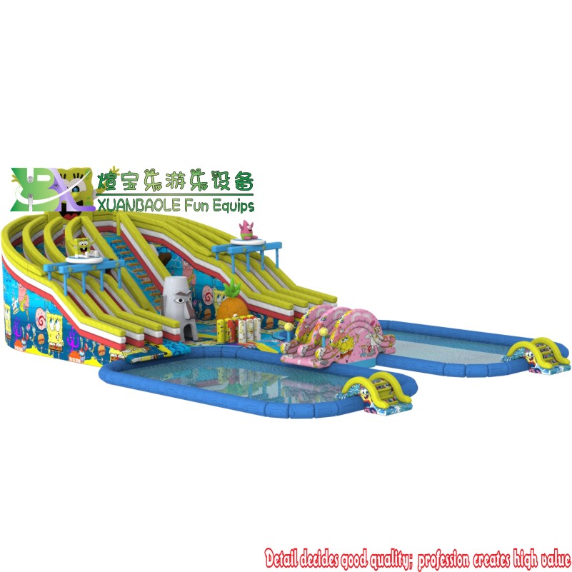 Outdoor moving giant SpongeBob inflatable land aqua park with dual pool land inflatable aqua park 5