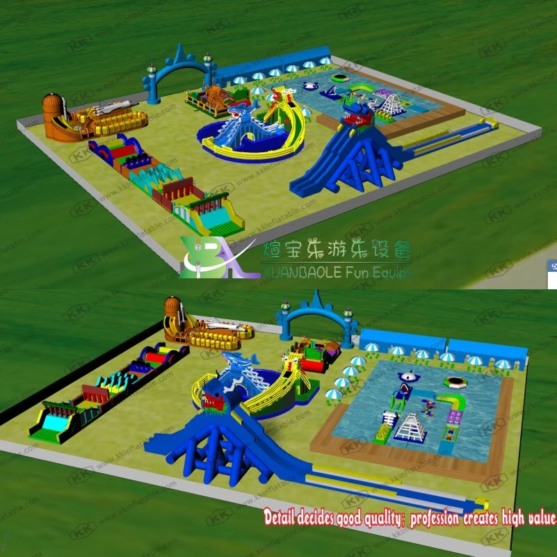 Giant inflatable park combination mobile land water park slide 1