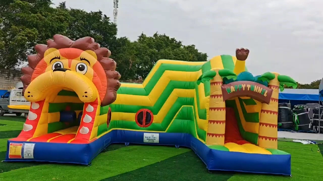Tunnel Lion Bouncy Castle Combo Slide Jumper High Duty PVC Vinyl Modern Inflatable Bounce House 1