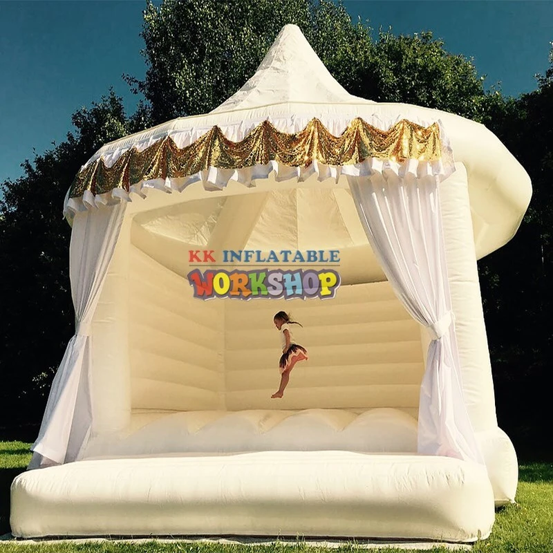 Elegant White & Gold Inflatable Bouncy Castle with Curtains Wedding Events & Kids' Parties 1