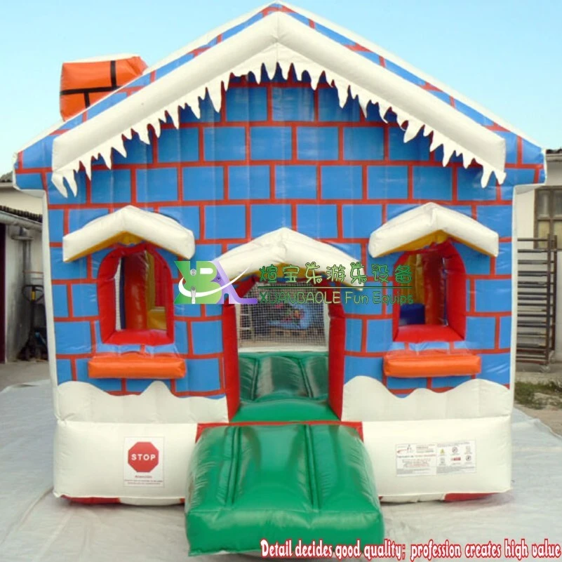 Winter Snow Cabin Inflatable Bounce House – Blue Brick-Pattern Bouncy Castle 1