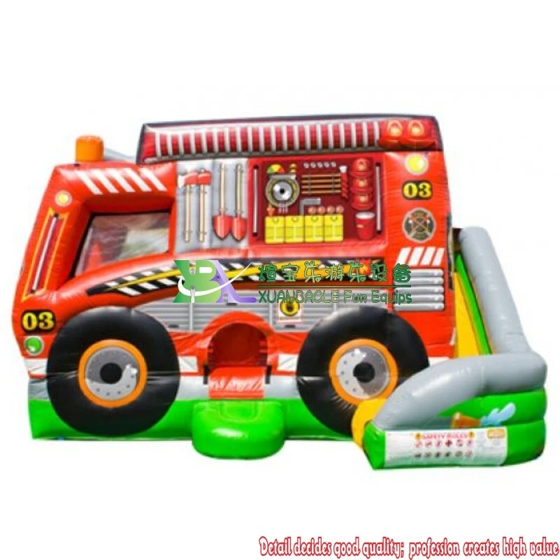 Preciosa casa inflable con temática de camión de bomberos y tobogán: Combo inflable para niños, interior y exterior 1