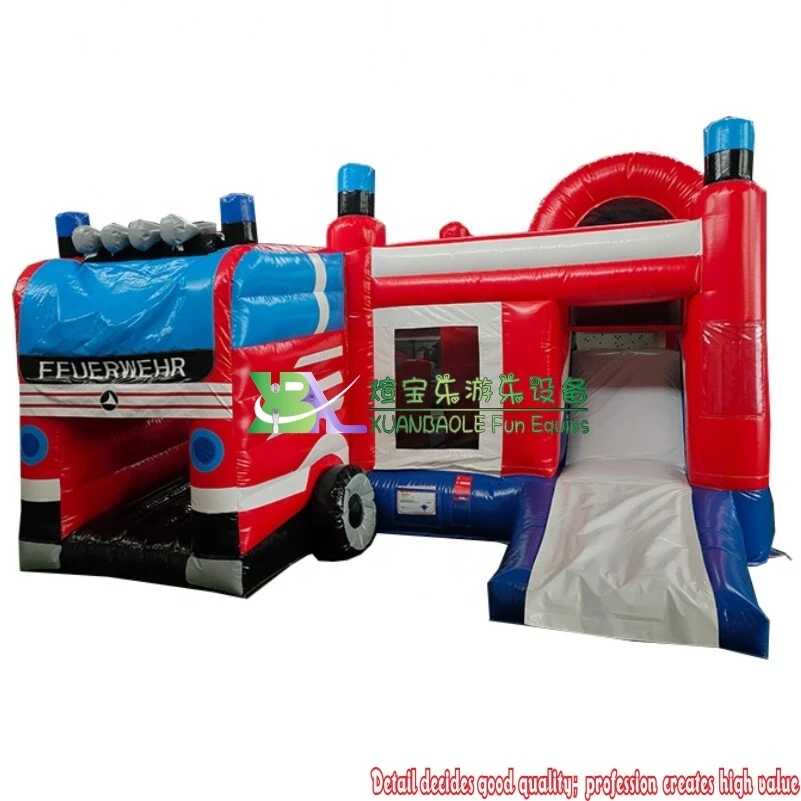 Camión de bomberos inflable con temática de fuego, casa inflable y tobogán 1