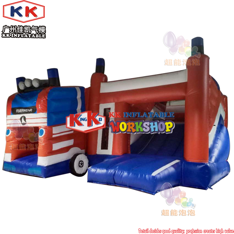 Camión de bomberos inflable duradero con impresión completa, casa de rebote y tobogán 5
