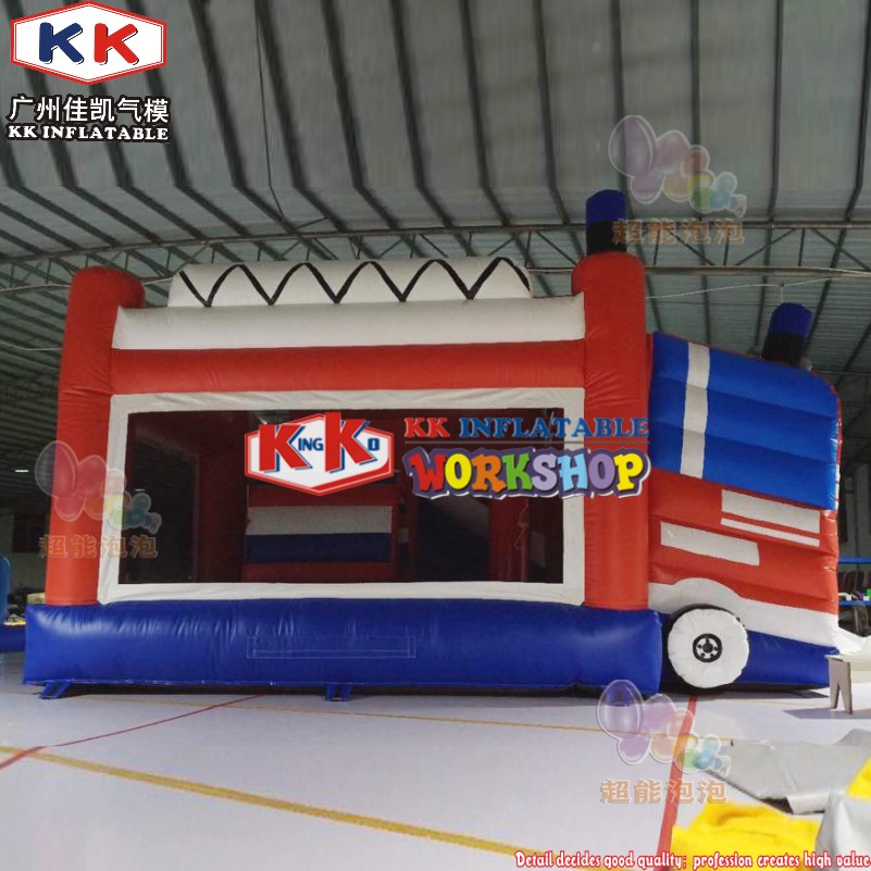 Camión de bomberos inflable duradero con impresión completa, casa de rebote y tobogán 4