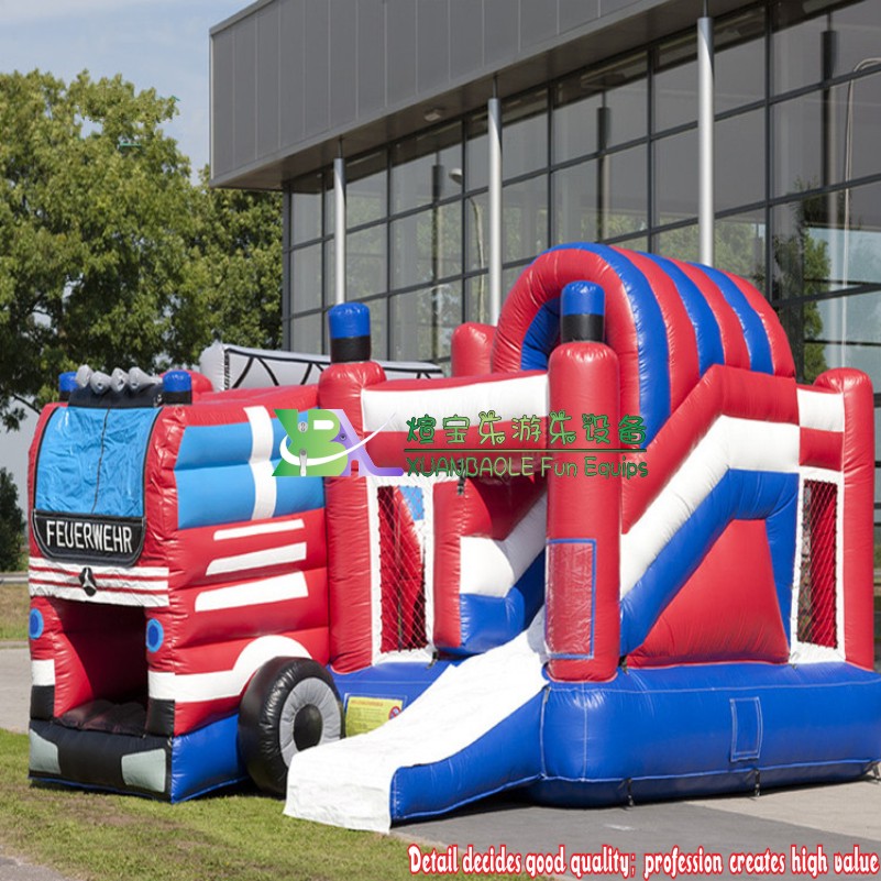 Camión de bomberos inflable duradero con impresión completa, casa de rebote y tobogán 6