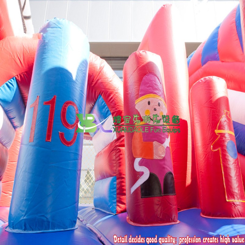 Camión de bomberos inflable duradero con impresión completa, casa de rebote y tobogán 8