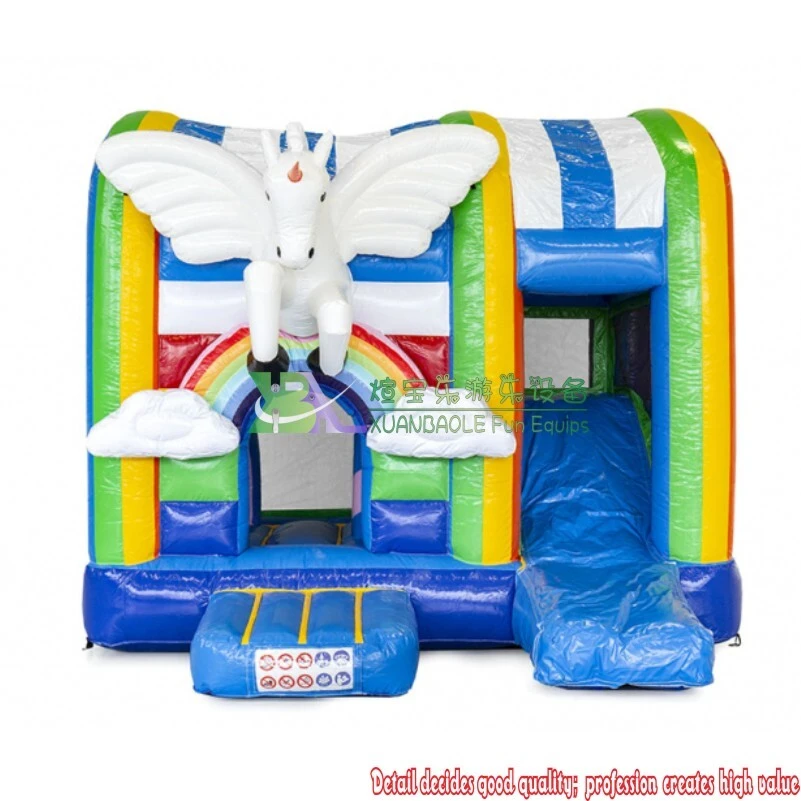 Combo de castillo inflable con unicornio alado, castillo inflable azul y tobogán para niños 1