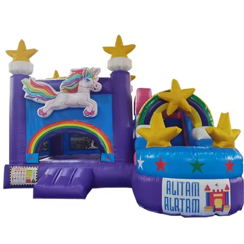 Rainbow Star 3D Magical Unicorn Inflatable Castle Combo with Wet Dry Slide & Trampoline 1