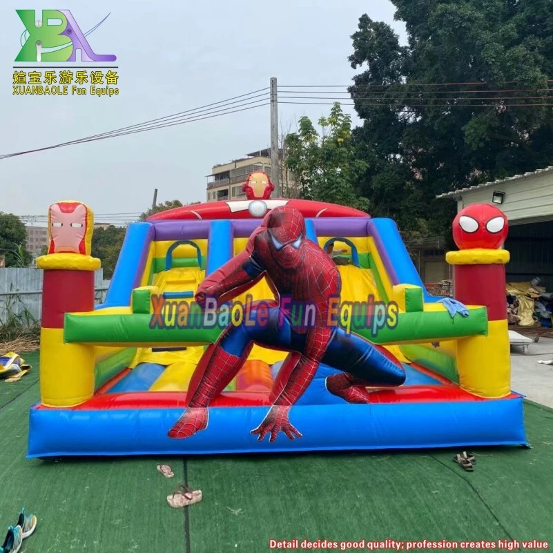 Château gonflable Spiderman multizone commercial avec obstacles et toboggan 1