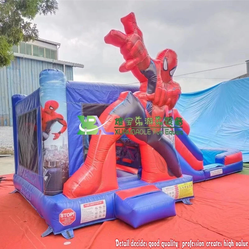 Combo de castillo inflable y tobogán acuático con temática de Spiderman para niños 1
