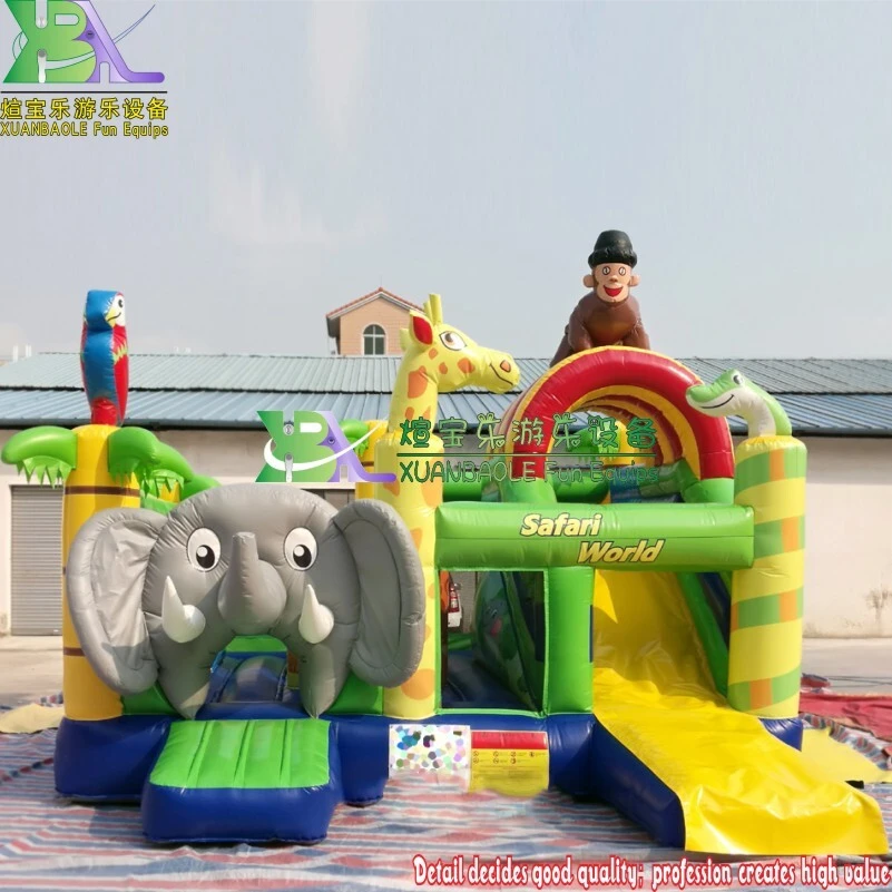 Castillo inflable con tobogán y diseño de animales de safari para niños 1