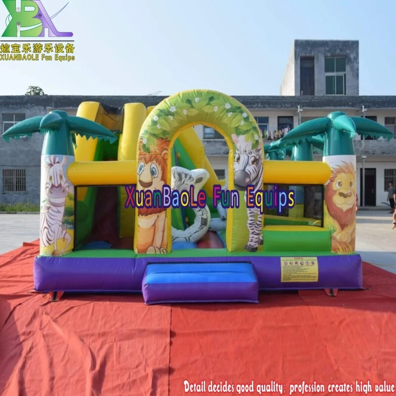 Castillo inflable con tobogán y temática de animales de la jungla, castillo inflable para niños con temática de león y cebra, saltador de fiesta con soplador. 1