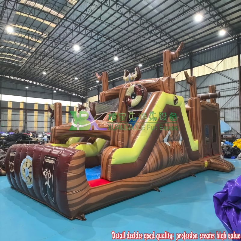 Pirate World Dual Lane Obstacle Course Slide Bounce House Combo, Commercial Inflatable Jumper 10