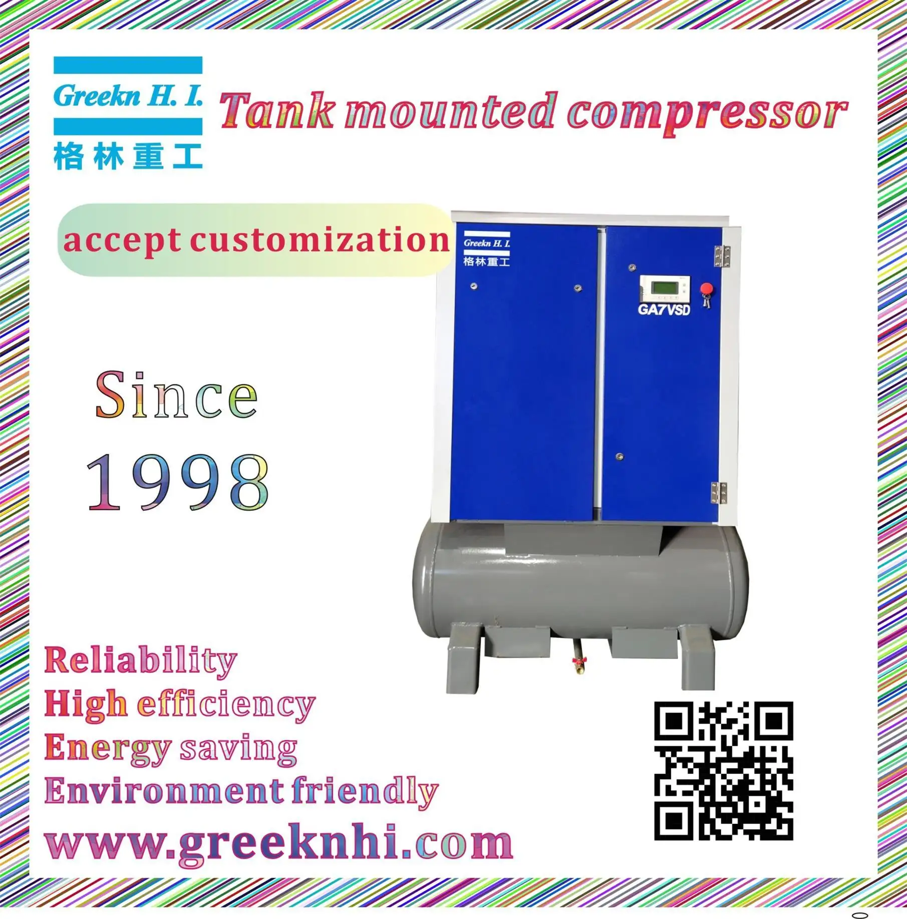 Greeknhi GA7VSD 7.5kW 10HP Industrial Electric Rotary Screw Air Compressor With Tank 1