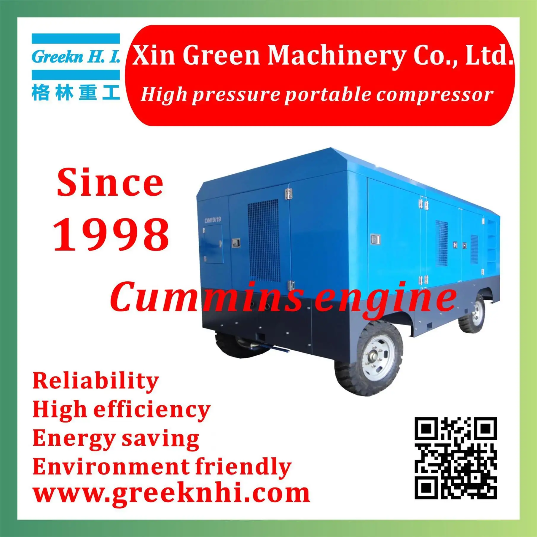 Greeknhi High Quality Mobile Air Compressor With Diesel Engine DM19-19 19m3/min 19bar 1