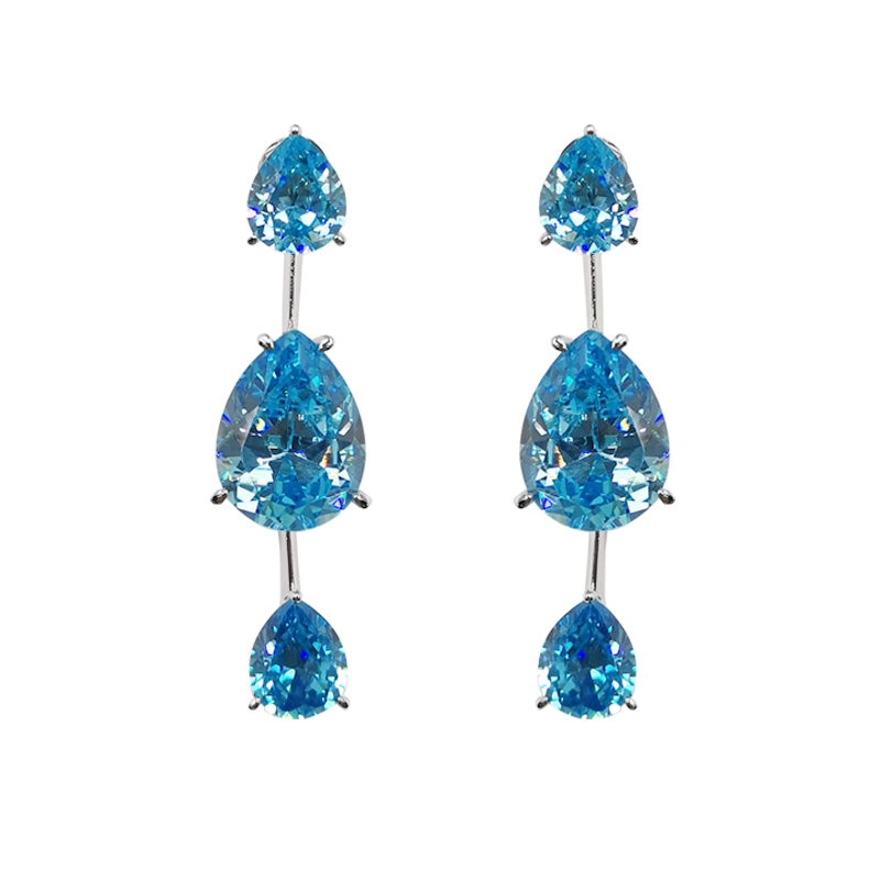 Sterling Silver Drop Earrings with Pear Shaped Blue Cubic Zircons 18K Gold Plated for Women 1