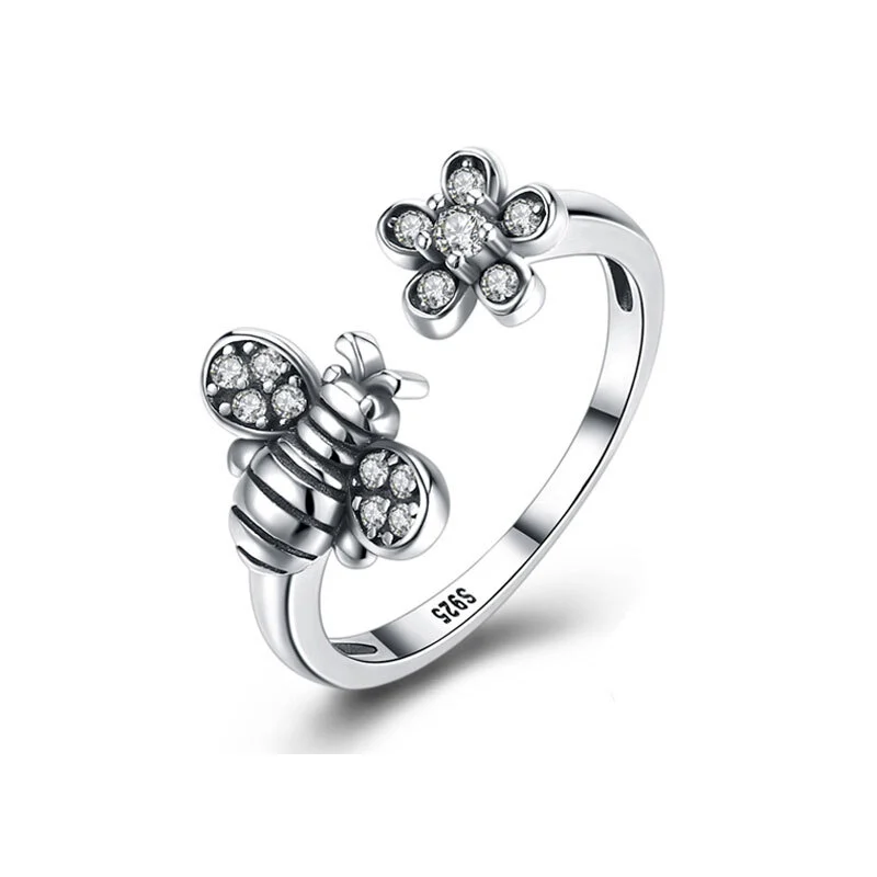 Bee Ring in Sterling Silver with Flower Zircons 18K White Gold Plated for Women 1