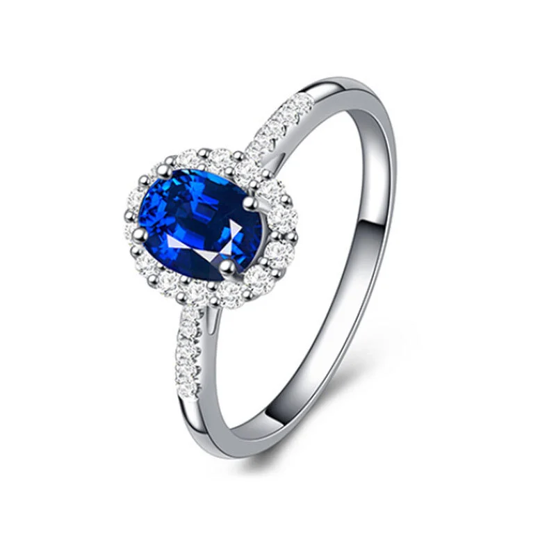 Oval Sapphire Diamond Ring in 18K White Gold Engagement Band for Women 1