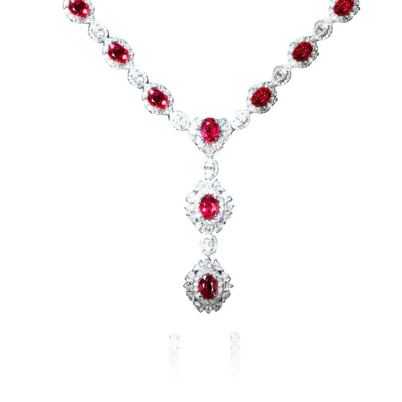 18K White Gold Natural Oval Ruby and Diamond Necklace for Women 1