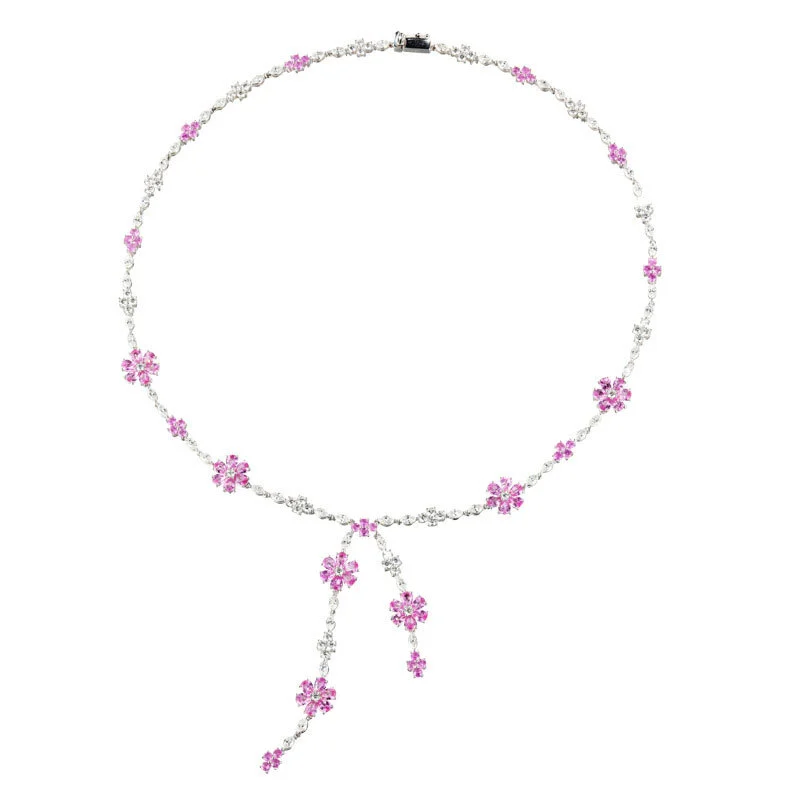 Sapphire and Diamond Necklace in 18K White Gold Flower Chain Necklace for Women 1