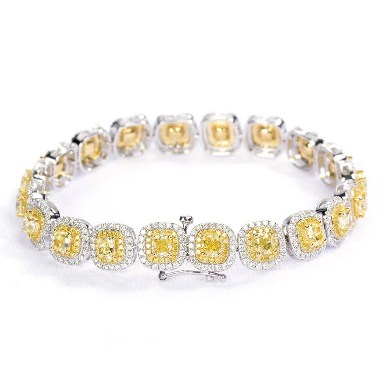 Cushion-cut Fancy Yellow Diamond Tennis Bracelet in 18K White Gold for Women 1