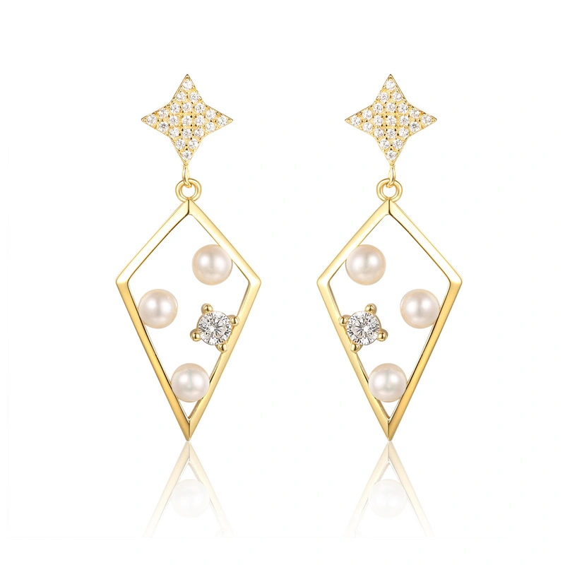 Sterling Silver Pearl Drop Earrings 18K Rose Gold Plated with Zircons 1