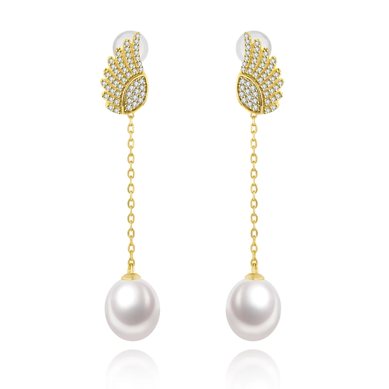 Angel Wings Sterling Silver Pearl Drop Earrings Pave Set Zircons 1