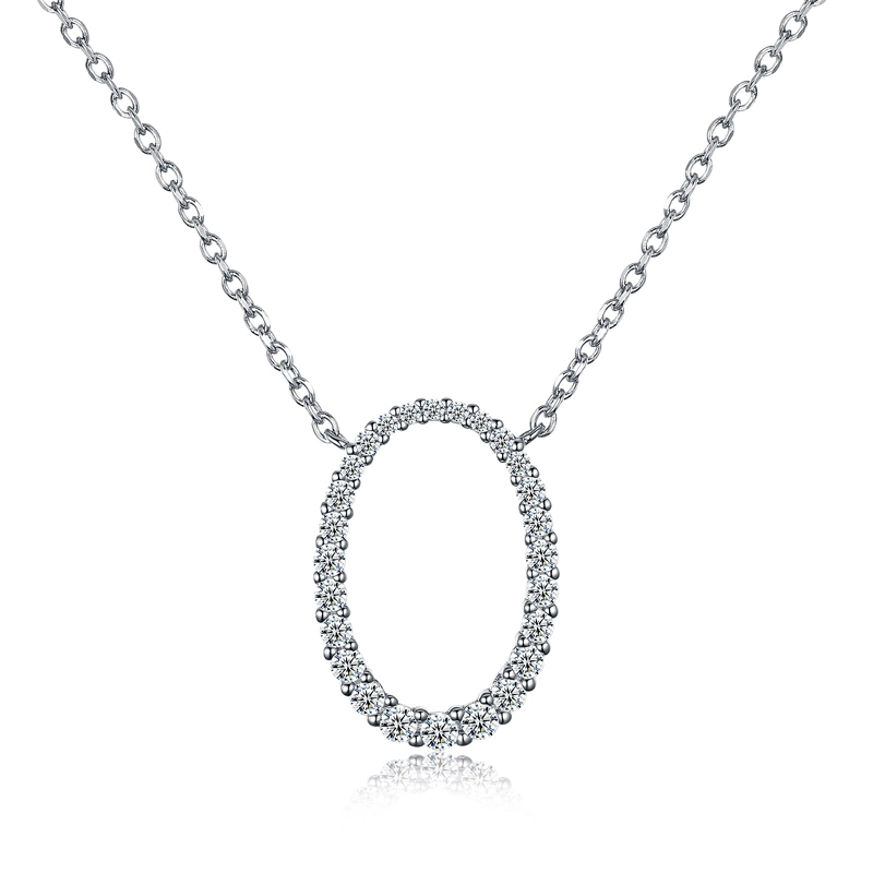 Oval Circle Sterling Silver Pendant Necklace Blue White Cubic Zircons 1