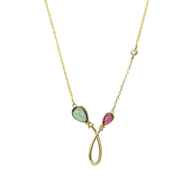 Rose Red And Green Tourmaline Necklace in 18K Yellow Gold 1