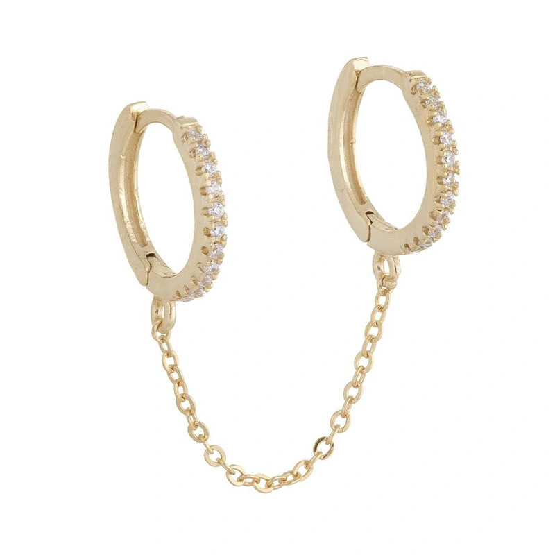 Sterling Silver Double Huggie Earring Pave CZ Handcuff Chain 1