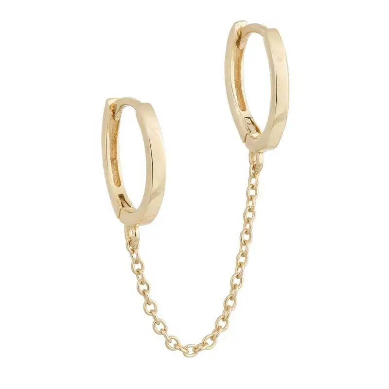 Gold Plated Double Huggie Hoop Earrings Connected Chain 1