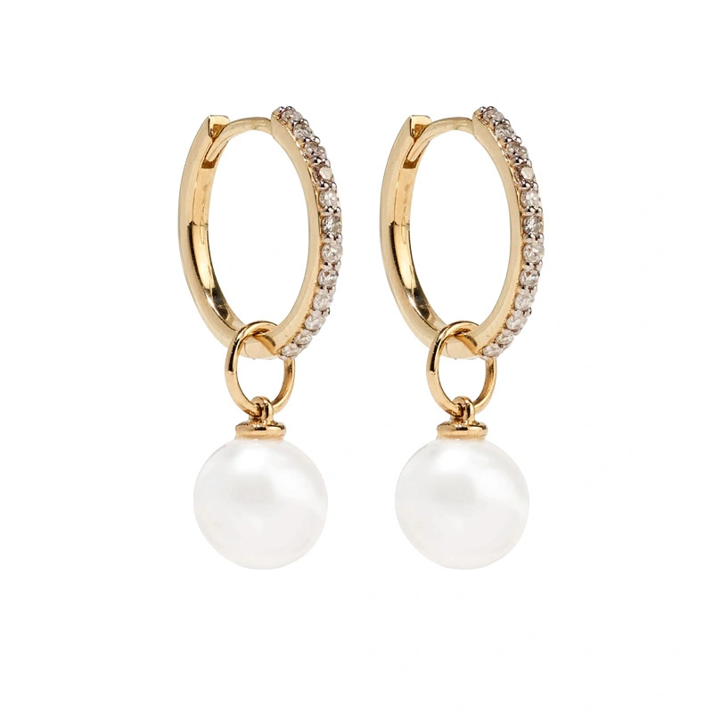 Huggie Hoop Sterling Silver Pearl Earrings Pave Cubic Zircon Gold Plated 1