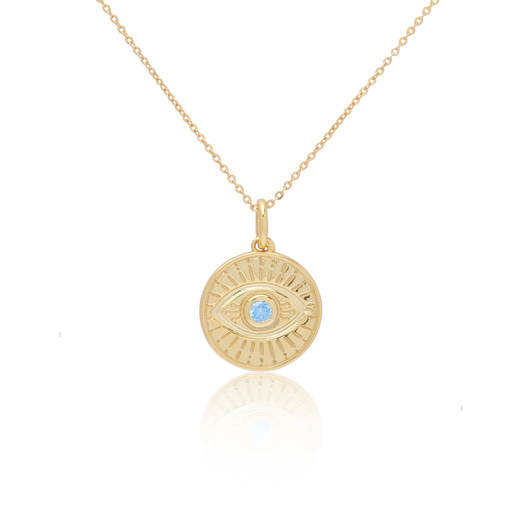 Sterling Silver Evil Eye Necklace Blue CZ Coin Pendant 1