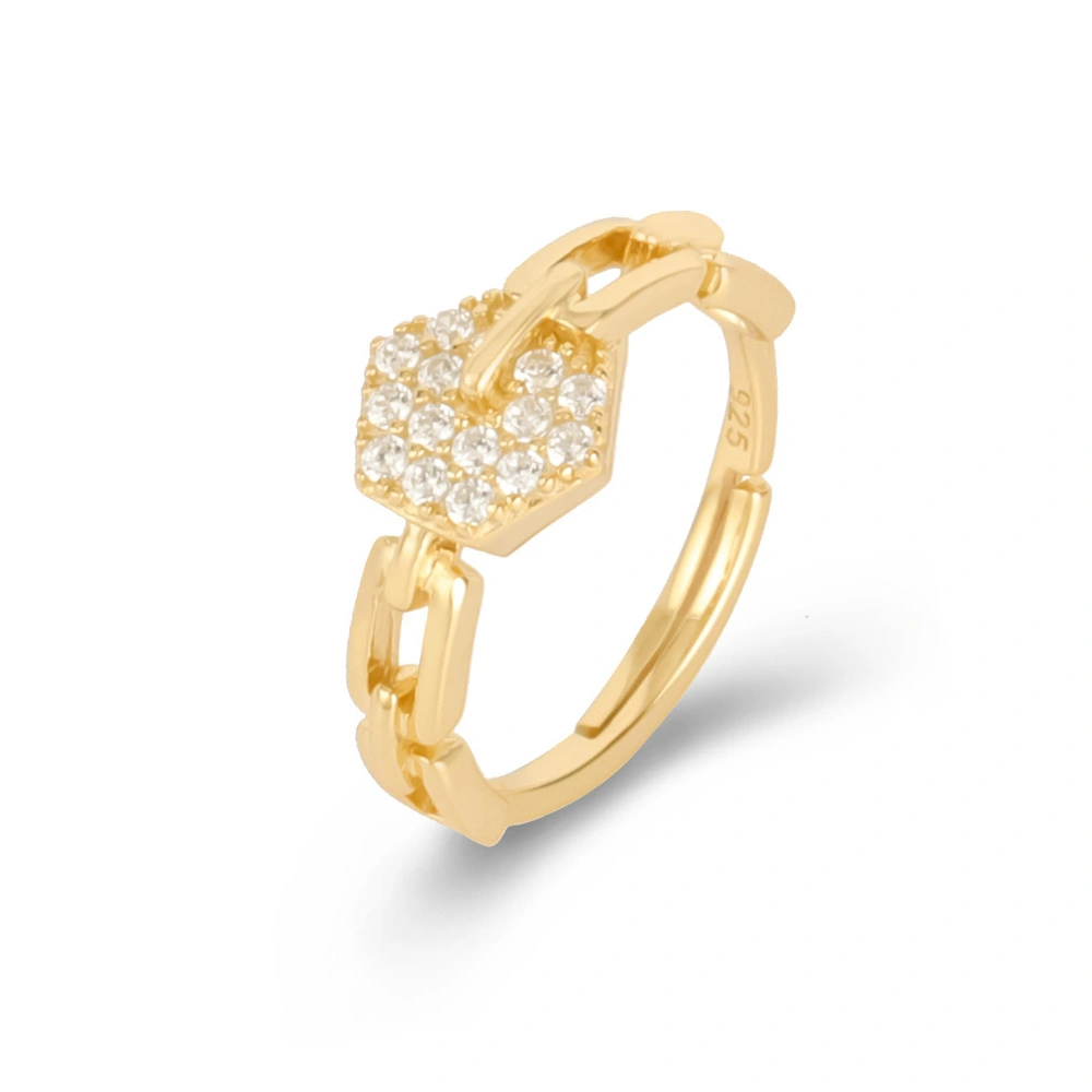 Chain Link Ring Band Pave CZ Gold Plated 1