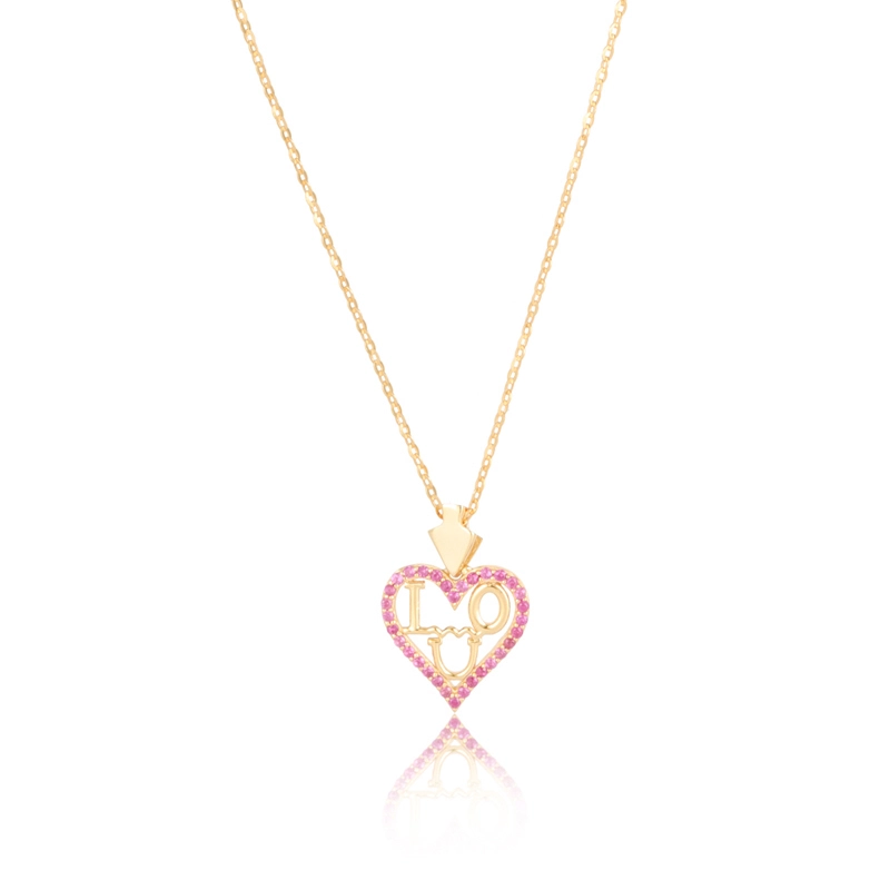 I Love You Heart Silver Pendant Necklace Pink CZ 1