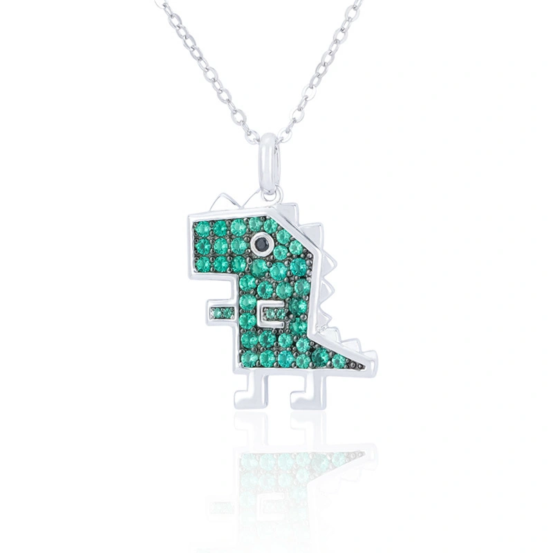 Silver Dinosaur Necklace Green Zircon 1