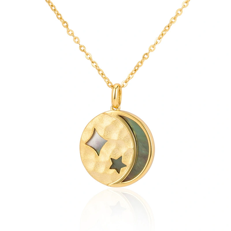 Black Mother of Pearl Disc Necklace Moon Star 1