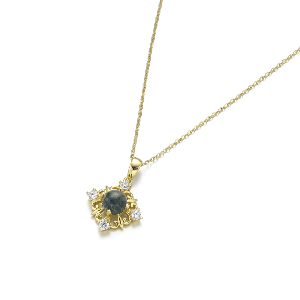 Hollow Flower Moss Agate Pendant Necklace 1