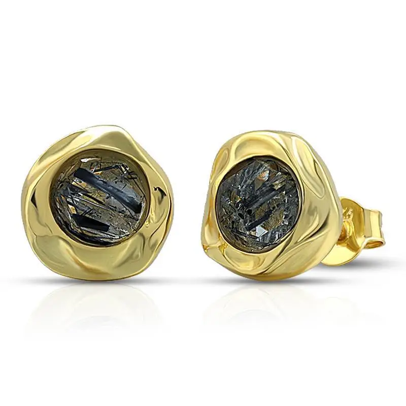 Round Black Rutilated Quartz Earring 1