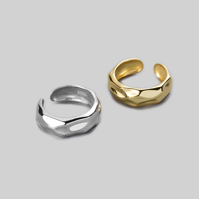 New 925 Sterling Silver ShinyIrregular Hammered Resizable Open Rings 1