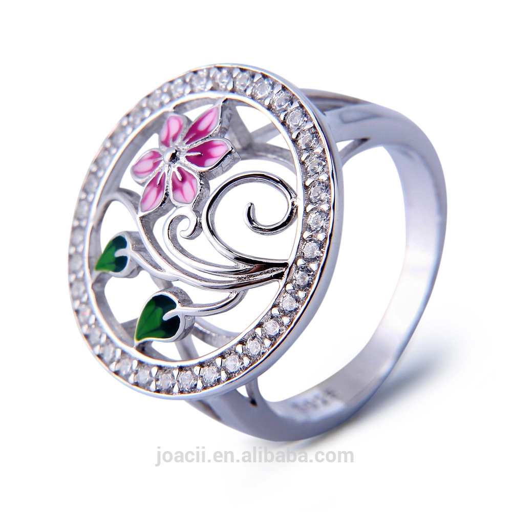18K White Gold Plated Sterling Silver Jewelry Flower Enamel Ring 1