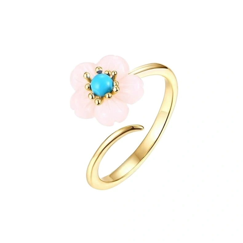 Joacii Shell Flower Gold Plated Turquoise 925 Sterling Silver Ring With Smycken 1